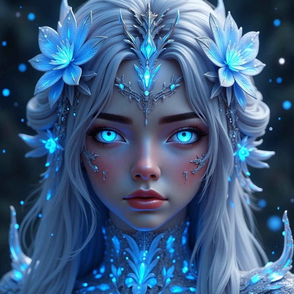 <lora:Alfhildr Fx:1.0>, crystalline goddess, blue glowing flower eyes, long hair, detailed head and shoulders portrait, detailed intricate a...