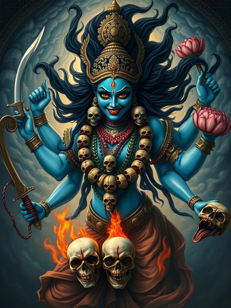Devine Mother Kali hindu goddess depicted with four arms, light blue skin, blood-smeared lips, a garland of skulls, weapons, and a wild appe...