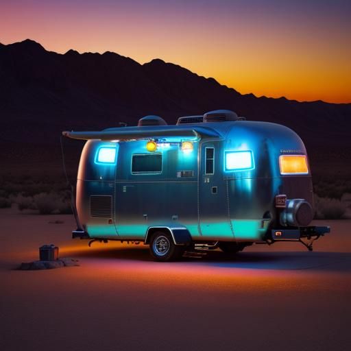 photograph of old air stream in the desert, at night with ve...