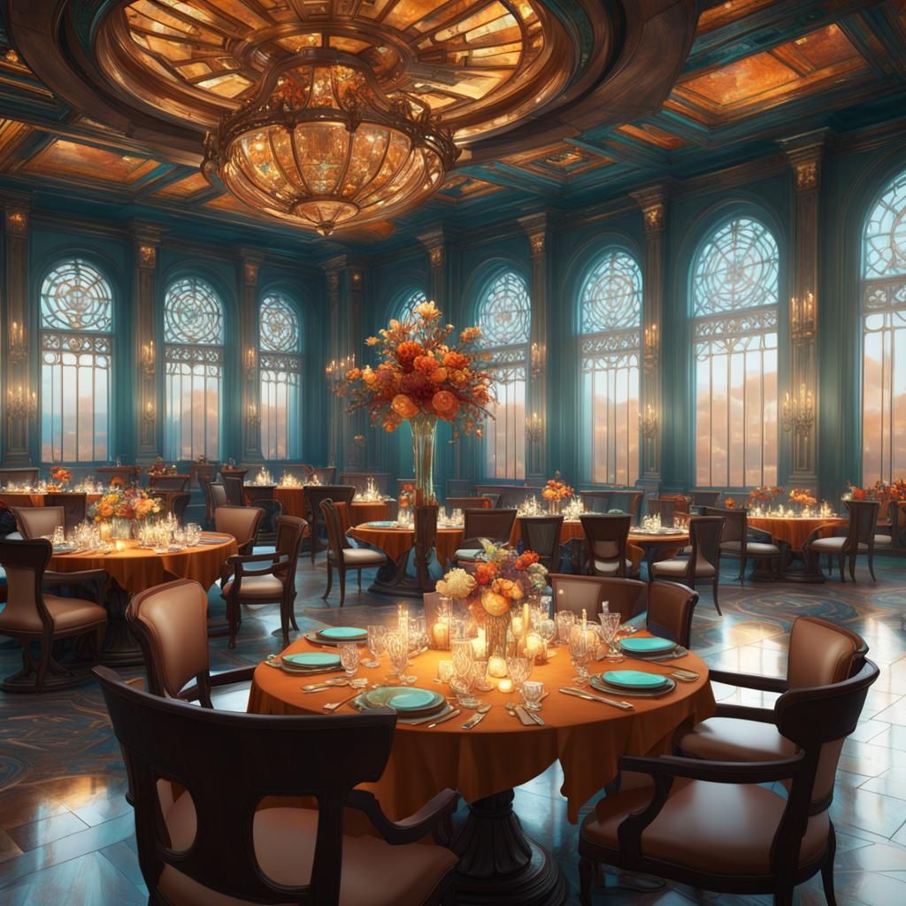 fancy ship elegant dining hall crystal tables