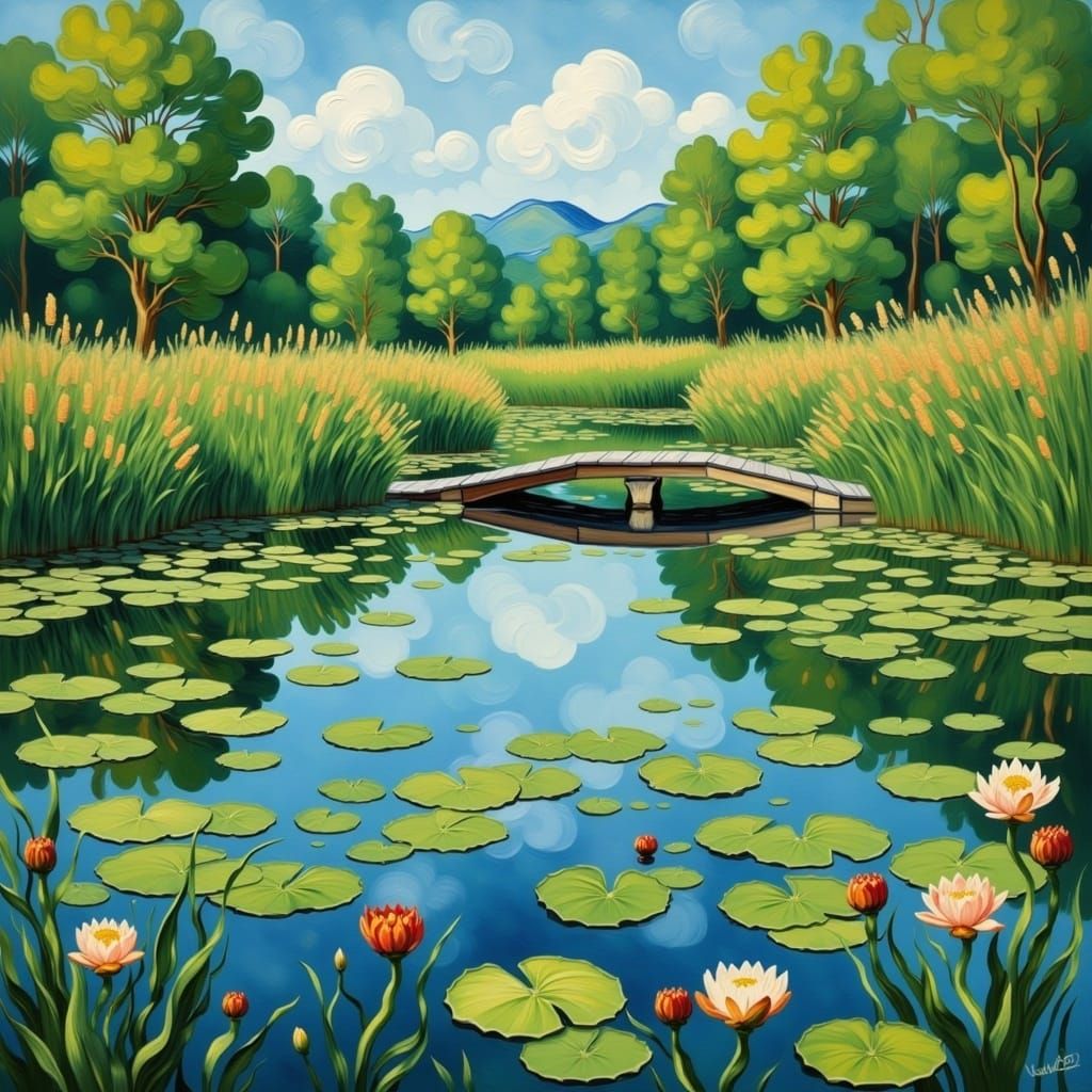 <lora:Van-MO Flux:1.0> A tranquil pond with a little foot bridge over it, lilly pads, cattails