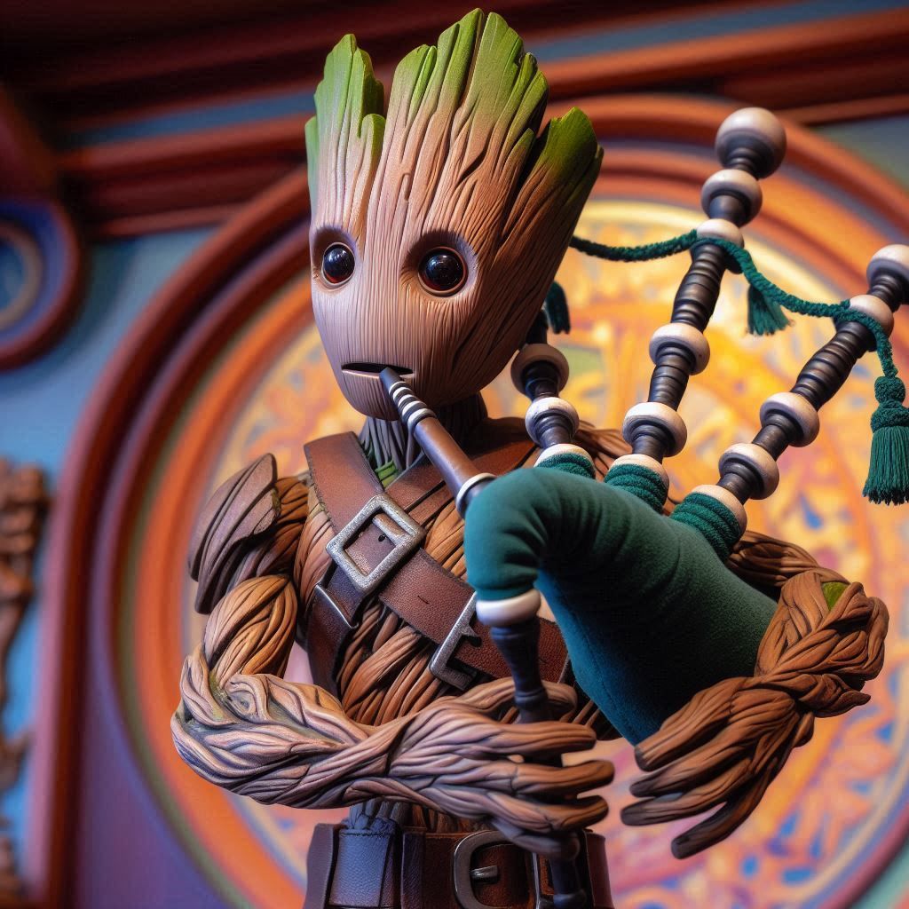 Groot with bagpipe