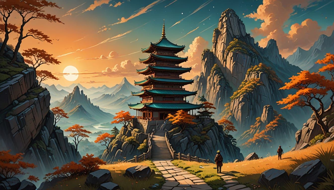 an ancient oriental multi-tiered pagoda built on a high rocky mountain, viewed from a low angle with a winding path leading up the slope, tw...