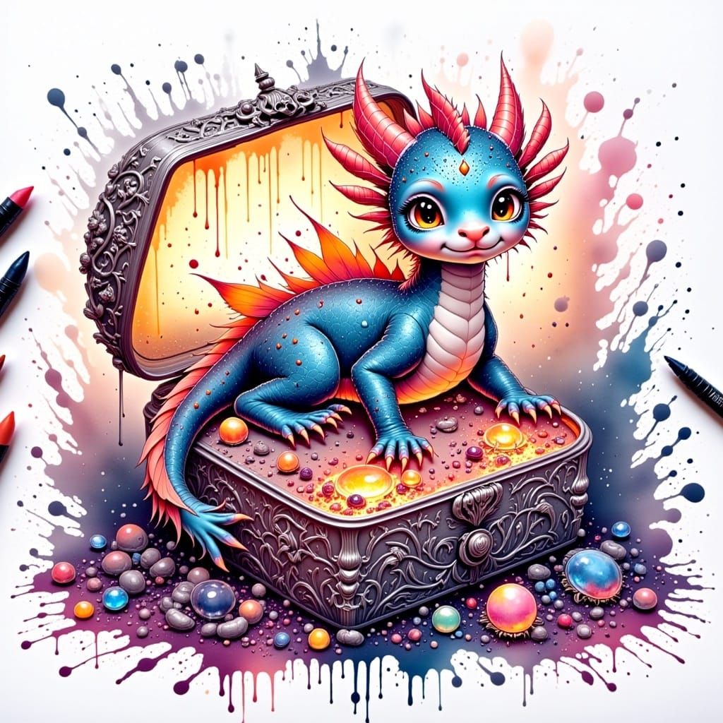 ink splatter drawing of A cute miniature baby dragon sitting in a glass jewelry box overflowing with glowing glass jewelry. in the style of...