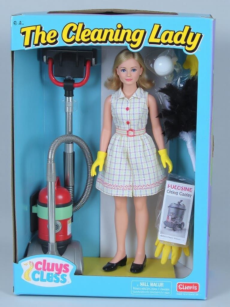 Action figure box containing "The Cleaning Lady" with a young lady and accessories - vacuum cleaner, ...  by @rrruss