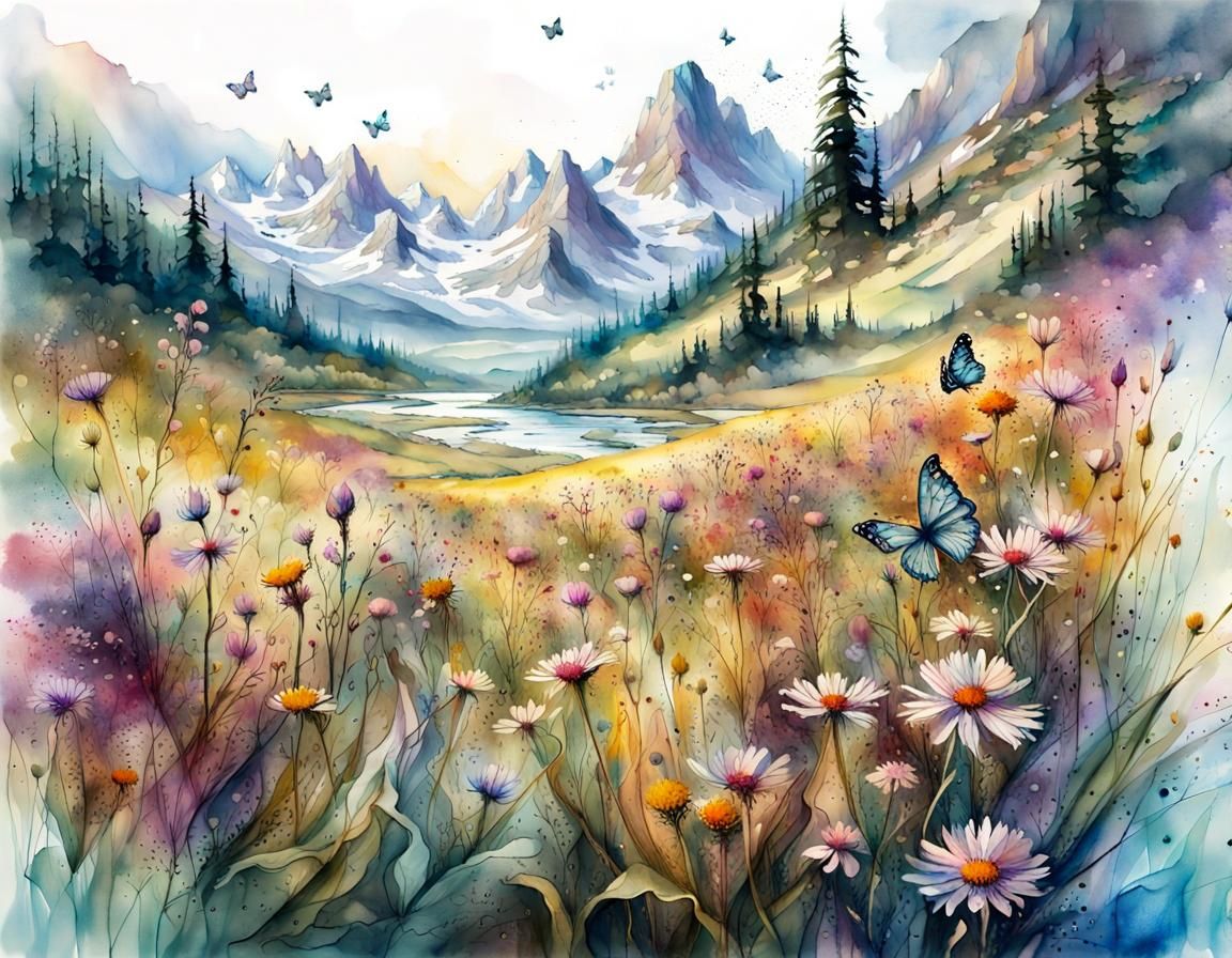 Beautiful mountain meadow and river with wildflowers and butterflies ...