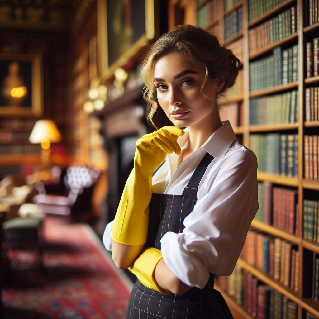 A female italian butler in the library of a posh british man...