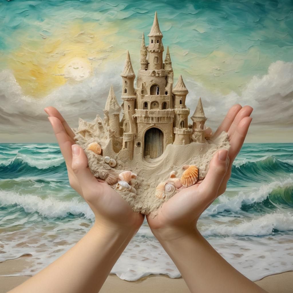 A magnificent surreal scene of a beautiful crumbly sand castle being held in the palms of two hands, ...  by @AutumnBear