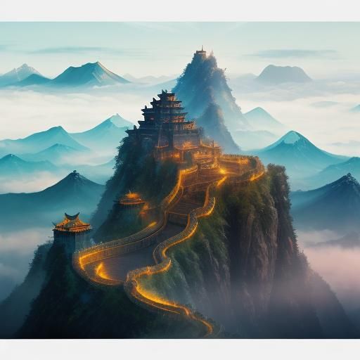 Chinese Dragon and Rainbow Ink Mountain Painting