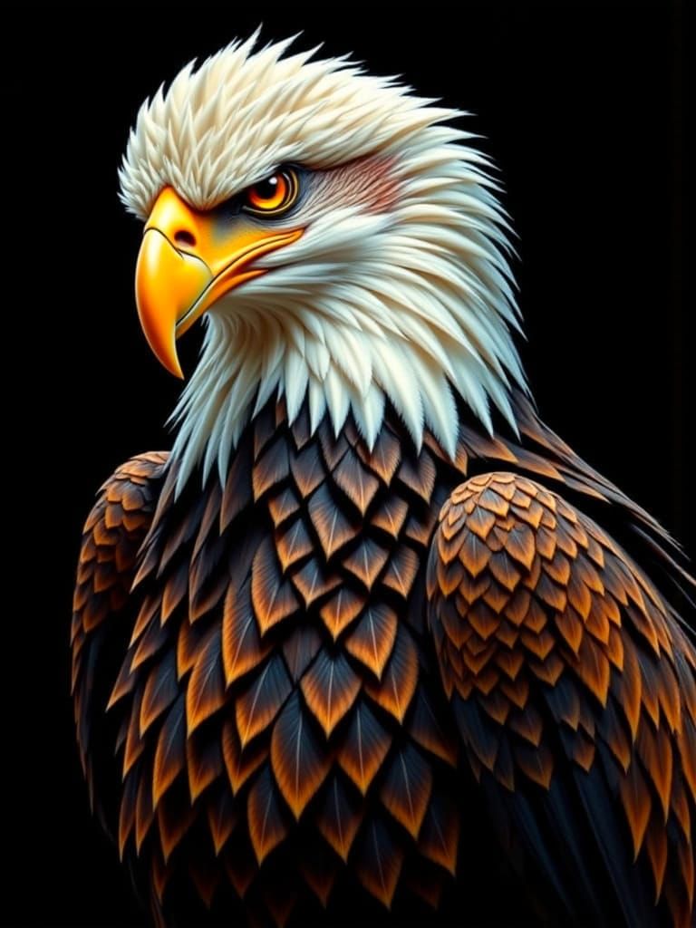 <lora:Airbrush:1.0> Airbrush painting of a majestic Bald Eagle with piercing, golden-hued eyes and snow-white head feathers, its sleek, dark...