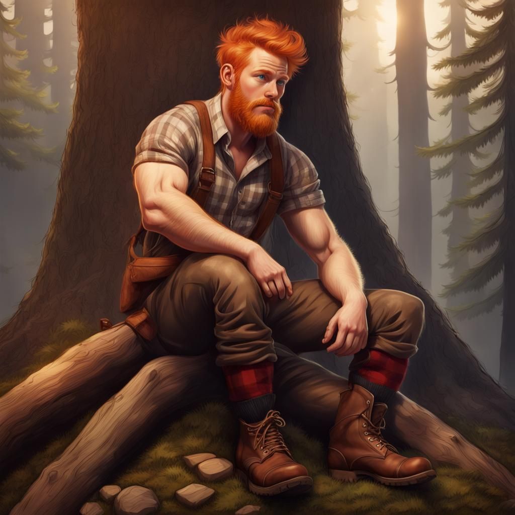 Young ginger guy sitting on tree stump dressed as a lumberja...