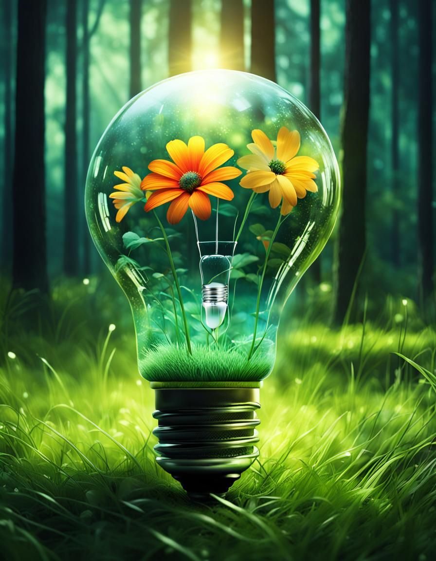 Light bulb with a bright flower inside, lying on the grass i...