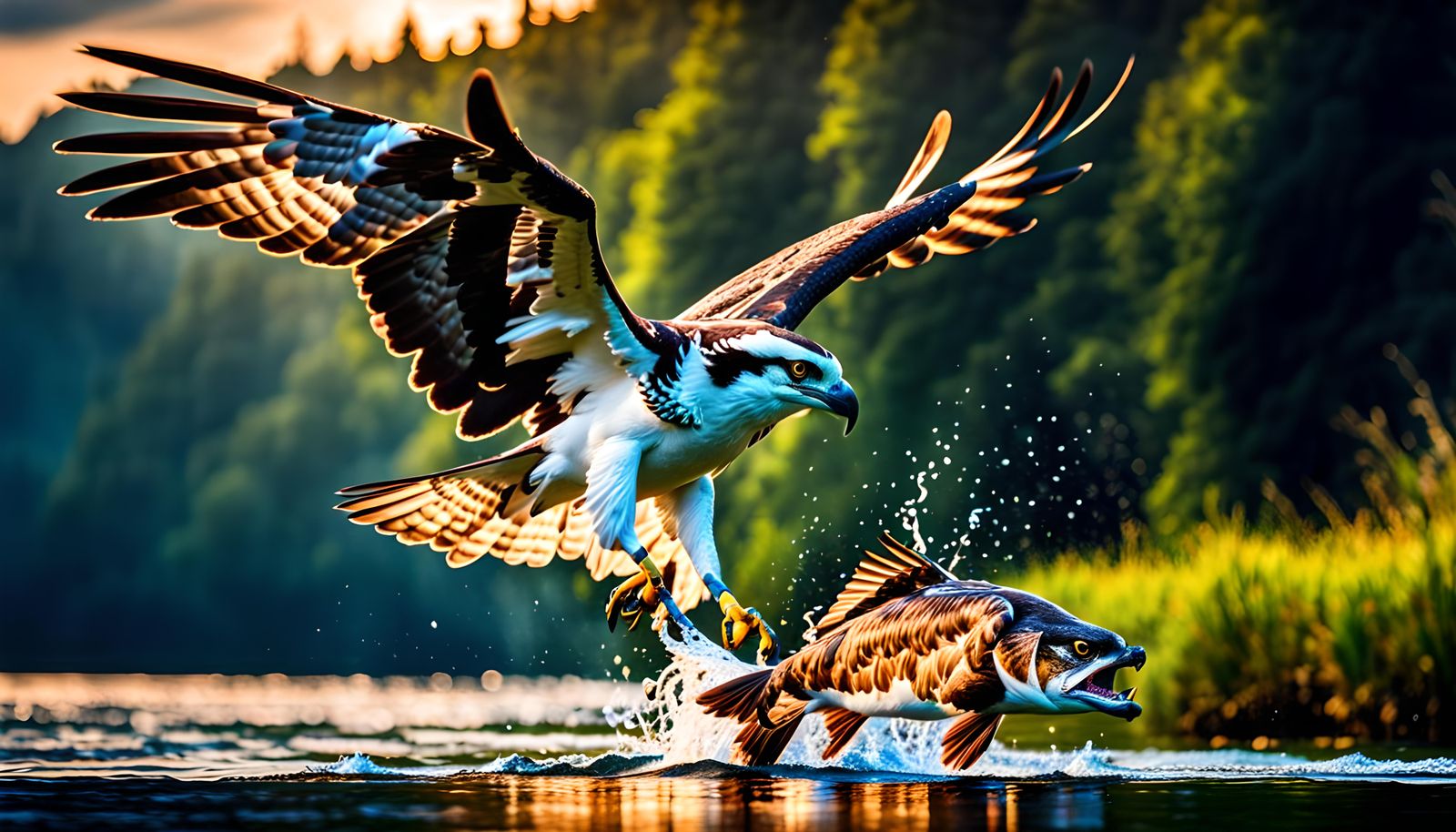 an osprey trying to lift an extremely large fish from a rive...