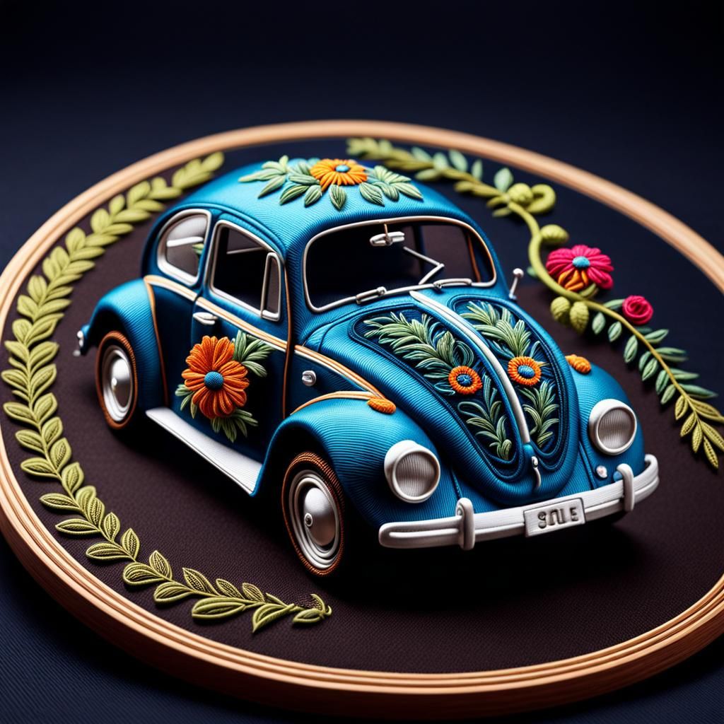 Embroidered VW Beetle - AI Generated Artwork - NightCafe Creator