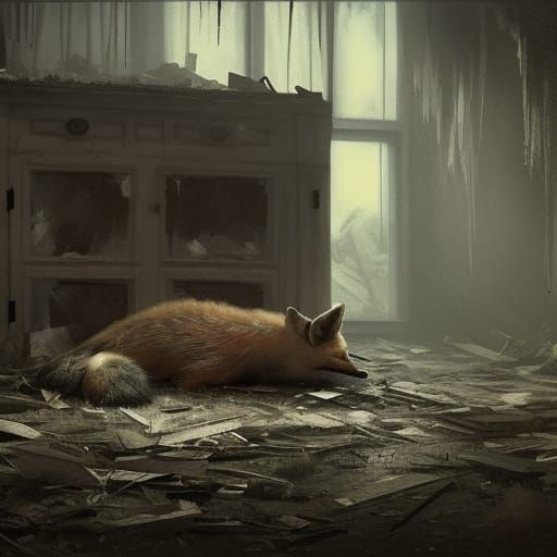 a dead fox laying in a abandoned house