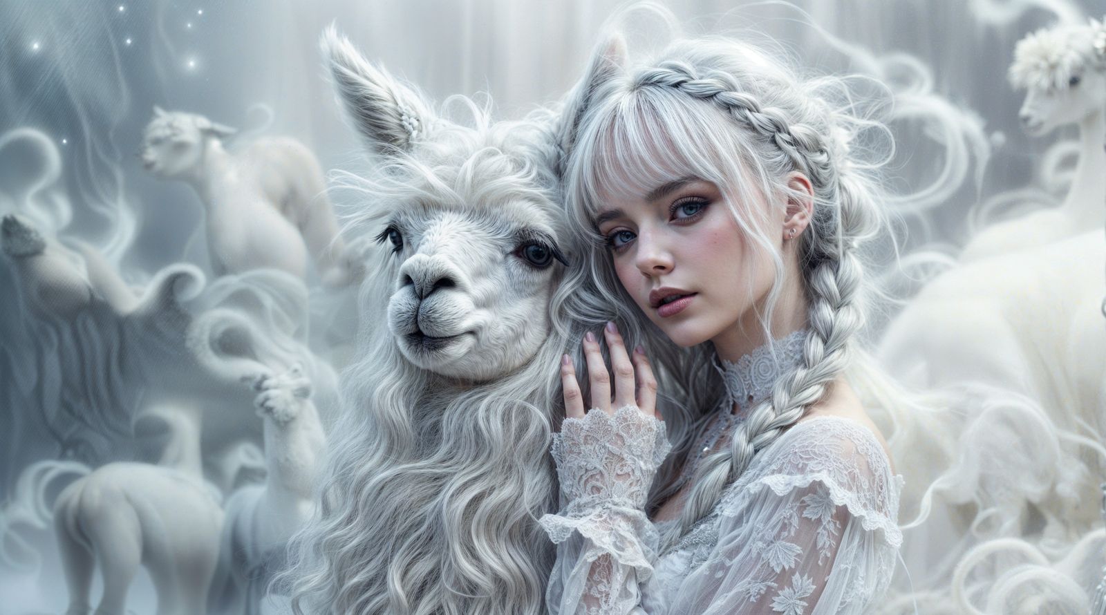 A serene scene features a young woman with long, light hair and a whimsical white dress, gently beside a fluffy alpaca a...
