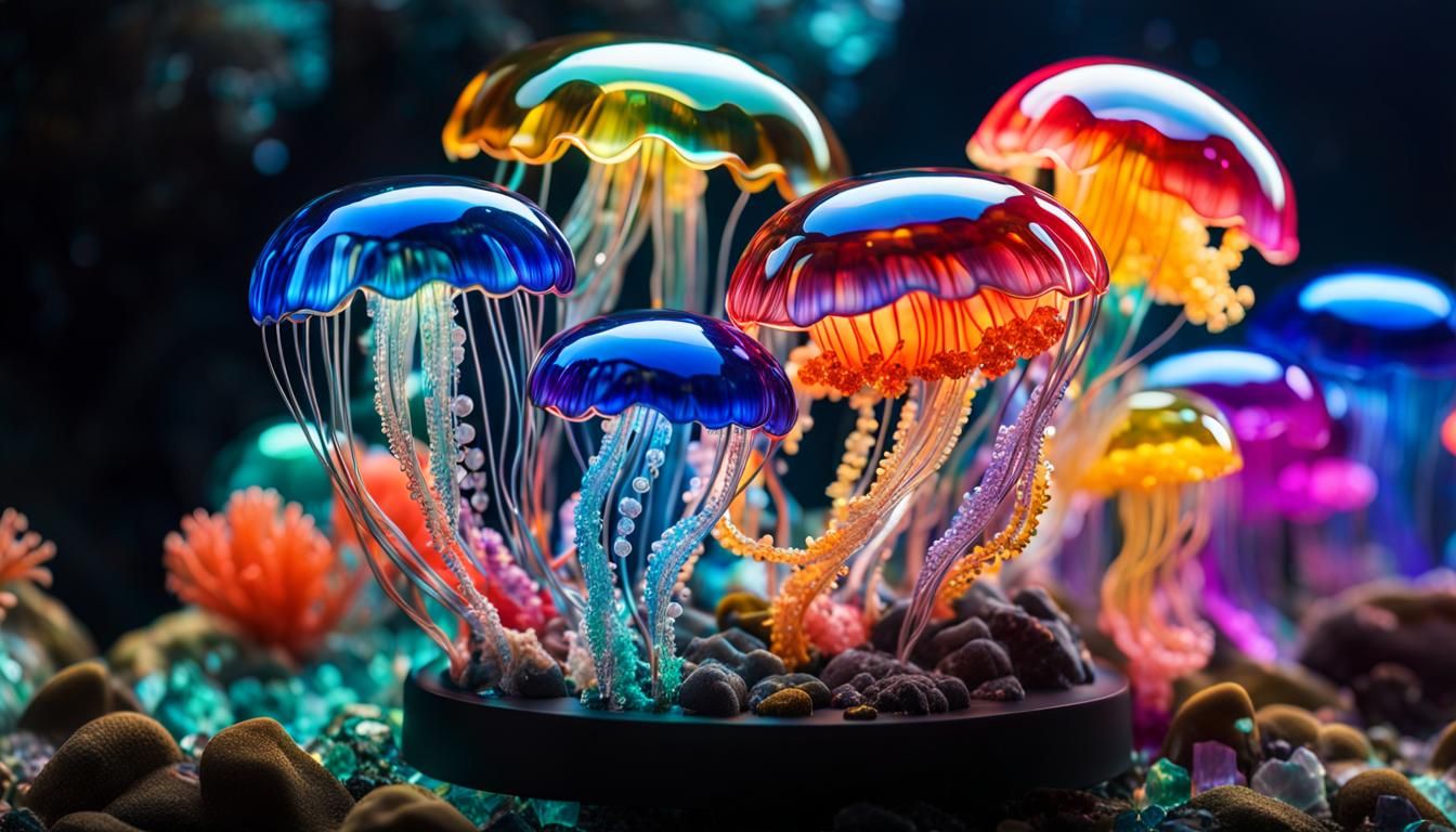Glass jellyfish, in transparent fluorescent colors, hyper-detailed, with a background of very colorful ...  by @Isaac Mendoza