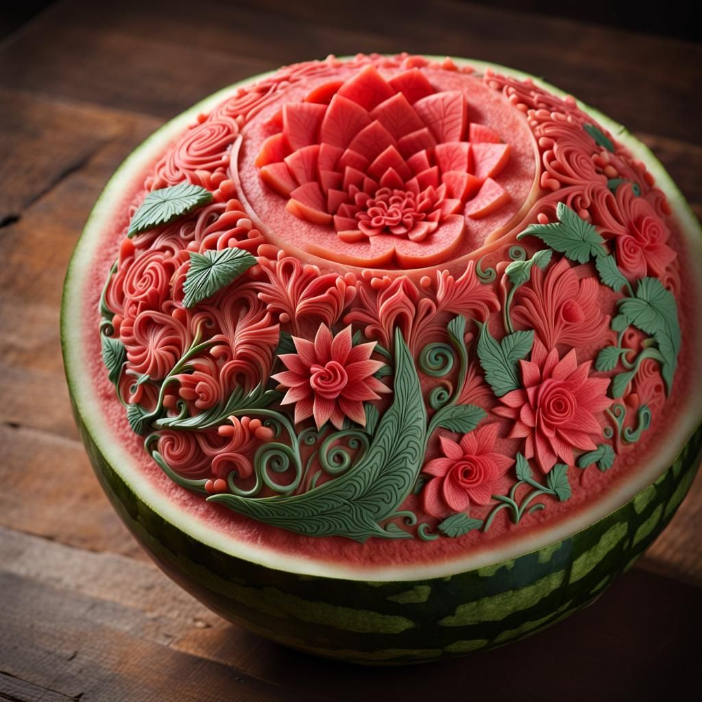 Intricately carved watermelon 🍉 