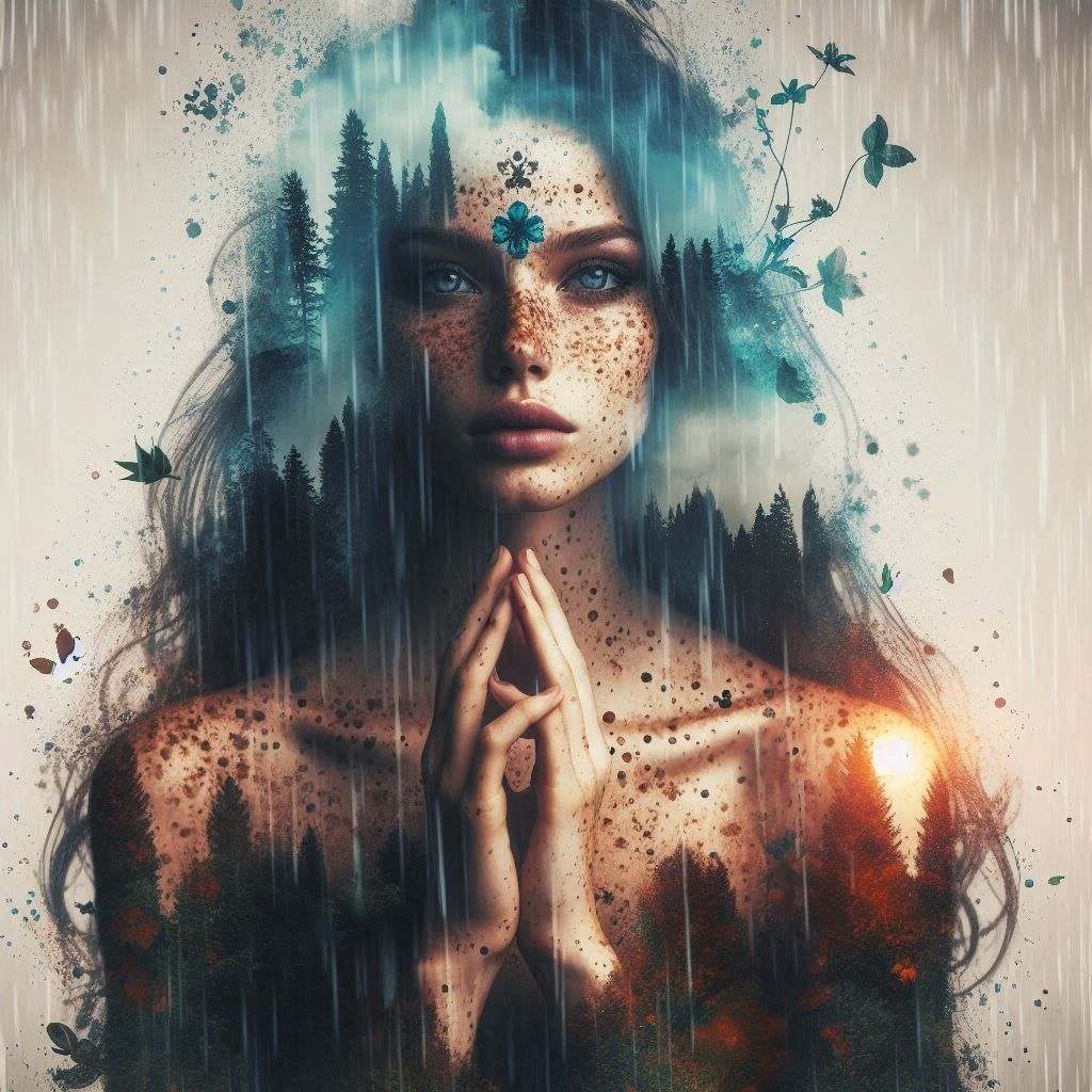 double exposure beautiful fantasy DALL-E 3 portrait landscape..