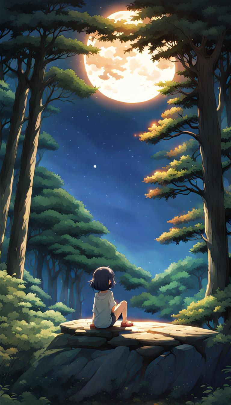 chibi girl, alone, watching the sun, sitting on a stone, big...