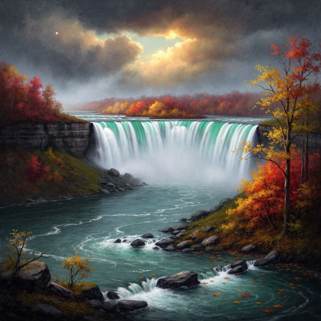 Niagara Falls in autumn, painted in the expressive, romantic style of Sergey Chuykov. Towering cascades plunge into mist below, surrounded b...