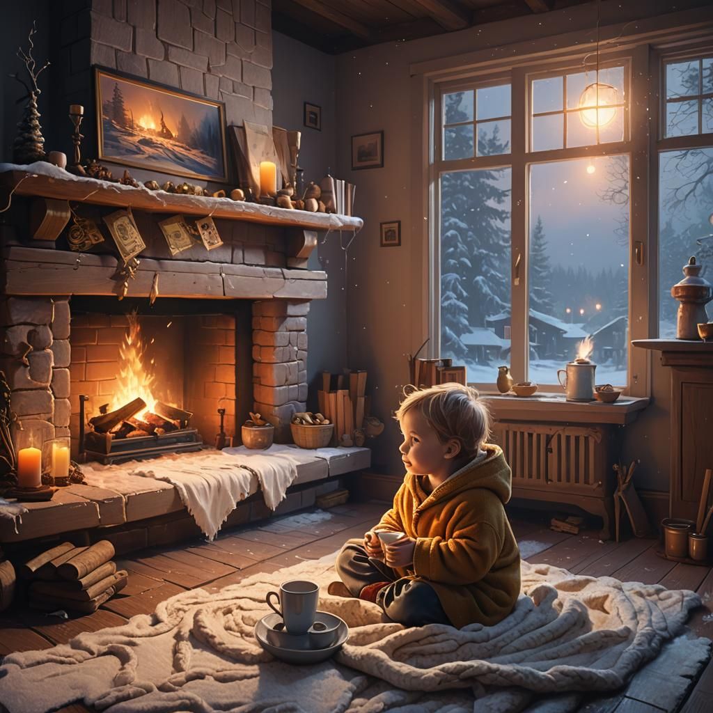 Cozy Winter Night: Baby by Fireplace