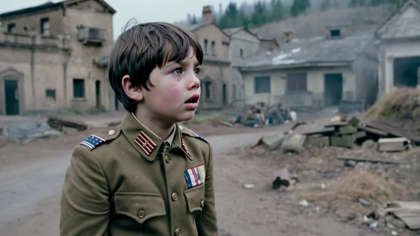a young german boy soldier recently constriped into the german army, his babylike face crying behind him are the still s...