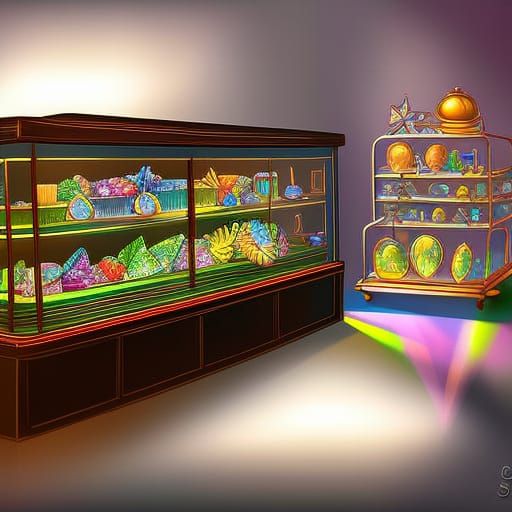 digital painting of shop with glass cases of gems and crystals. crystal shop, magic, sparkle