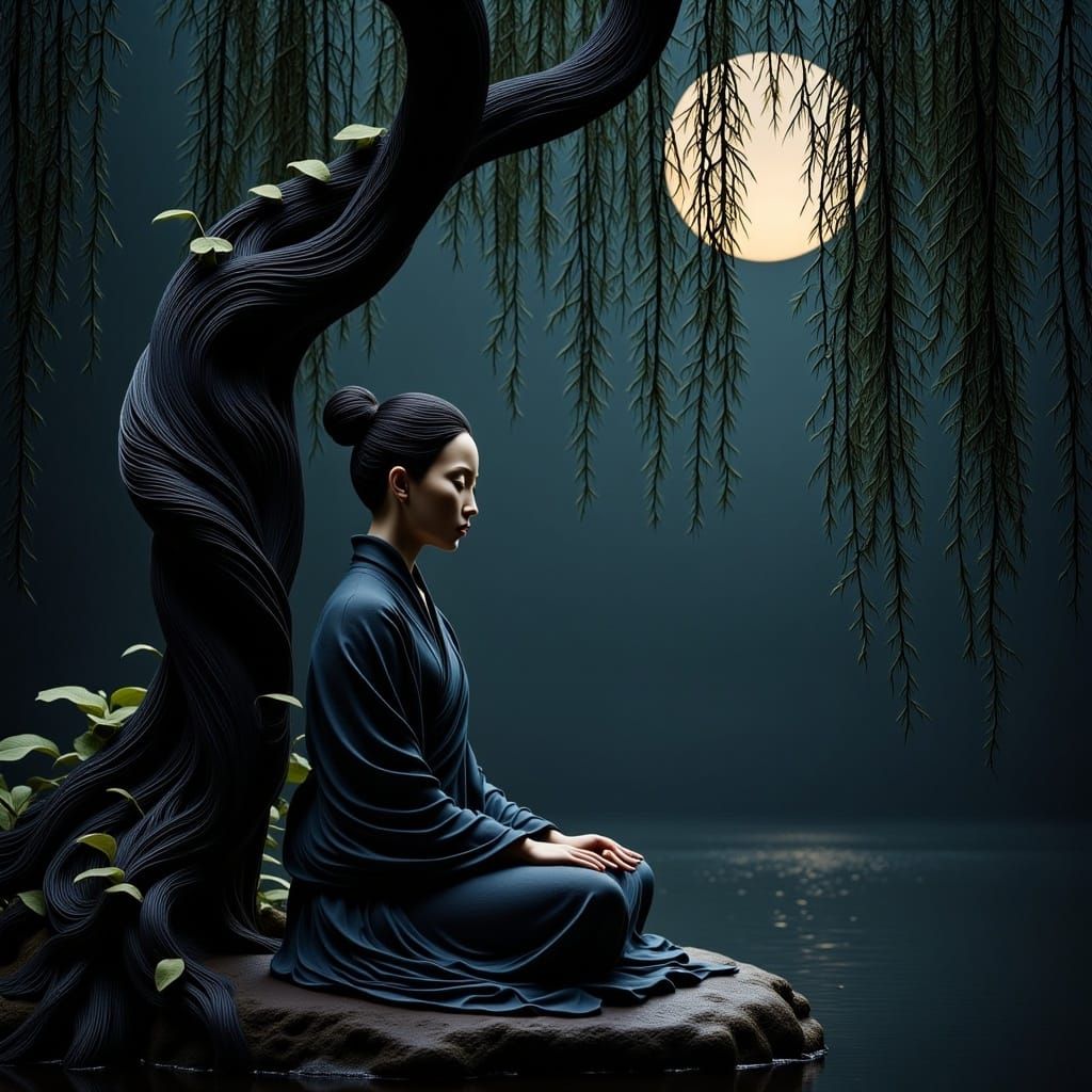 <lora:Organic Macabre Flux:1.0> In the serene elegance of a moonlit garden, a solitary figure meditates under a weeping willow tree. The tra...