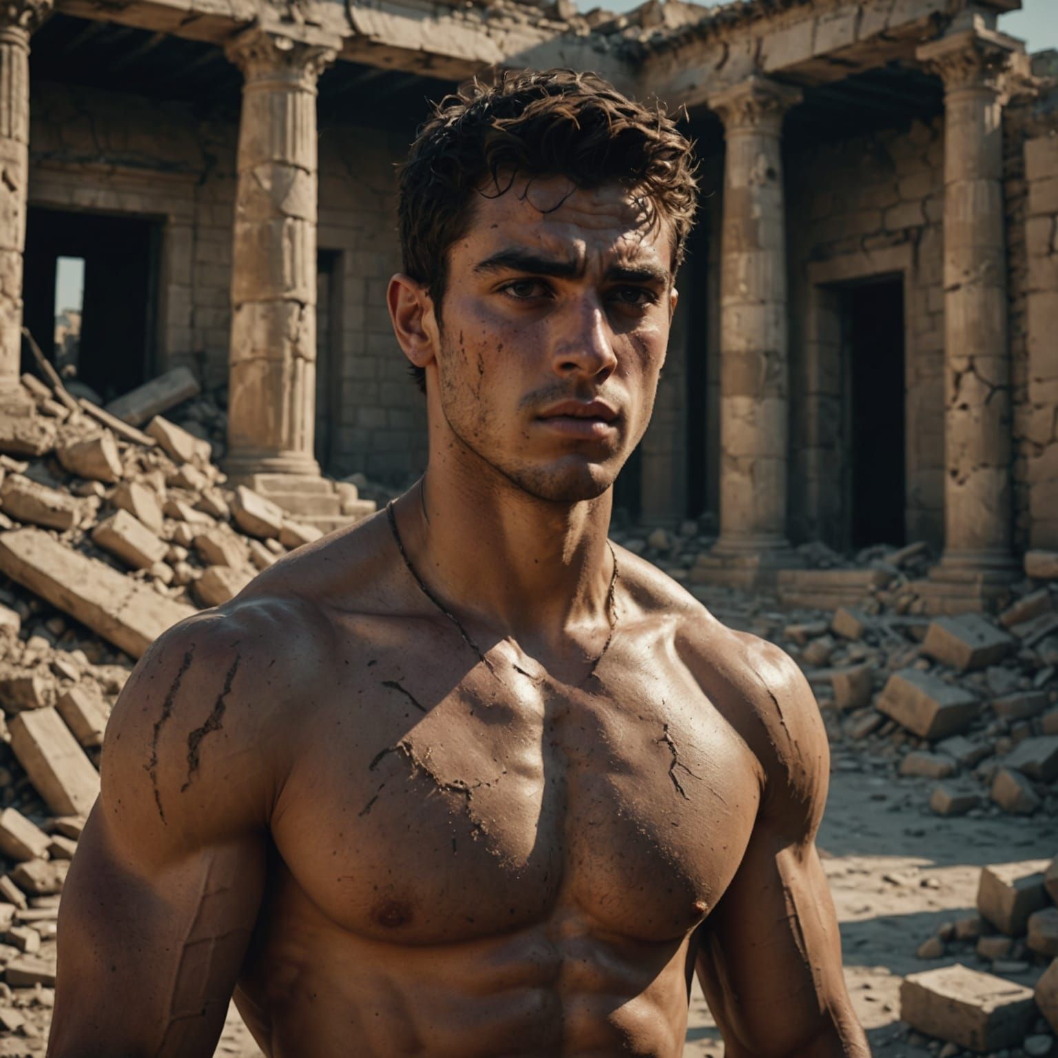 Gritty realism. Medium shot. A muscular Greek youth, face etched with raw emotion, stands defiantly against a backdrop of crumbling ruins, f...