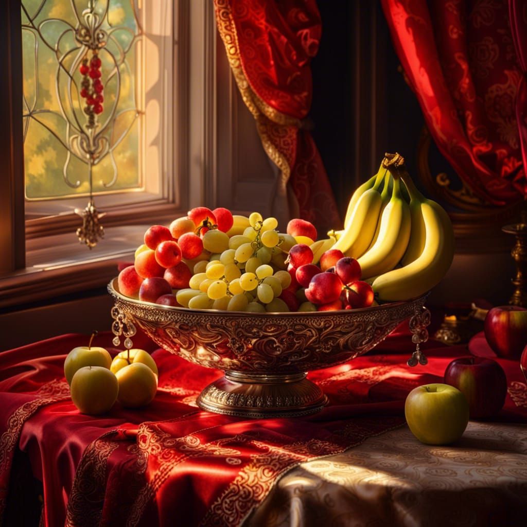 On a satin tablecloth, fruit bowls are arranged beautifully.  by @CatLover