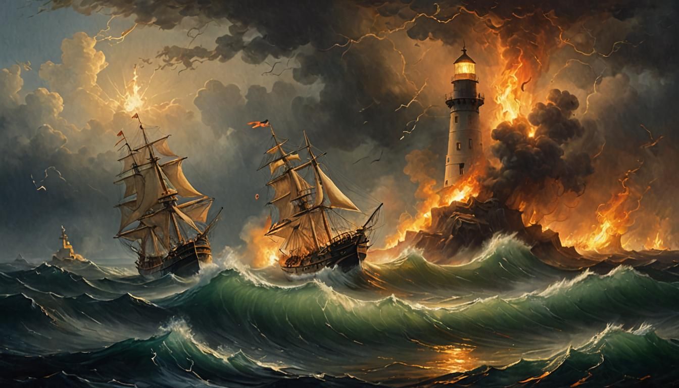  A ship and Island ablaze from a lightning strike.  by @AI Curious