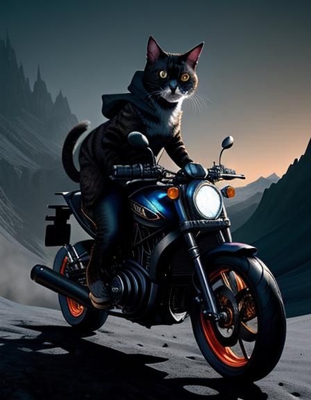Hooded cat riding a motor bike on moon