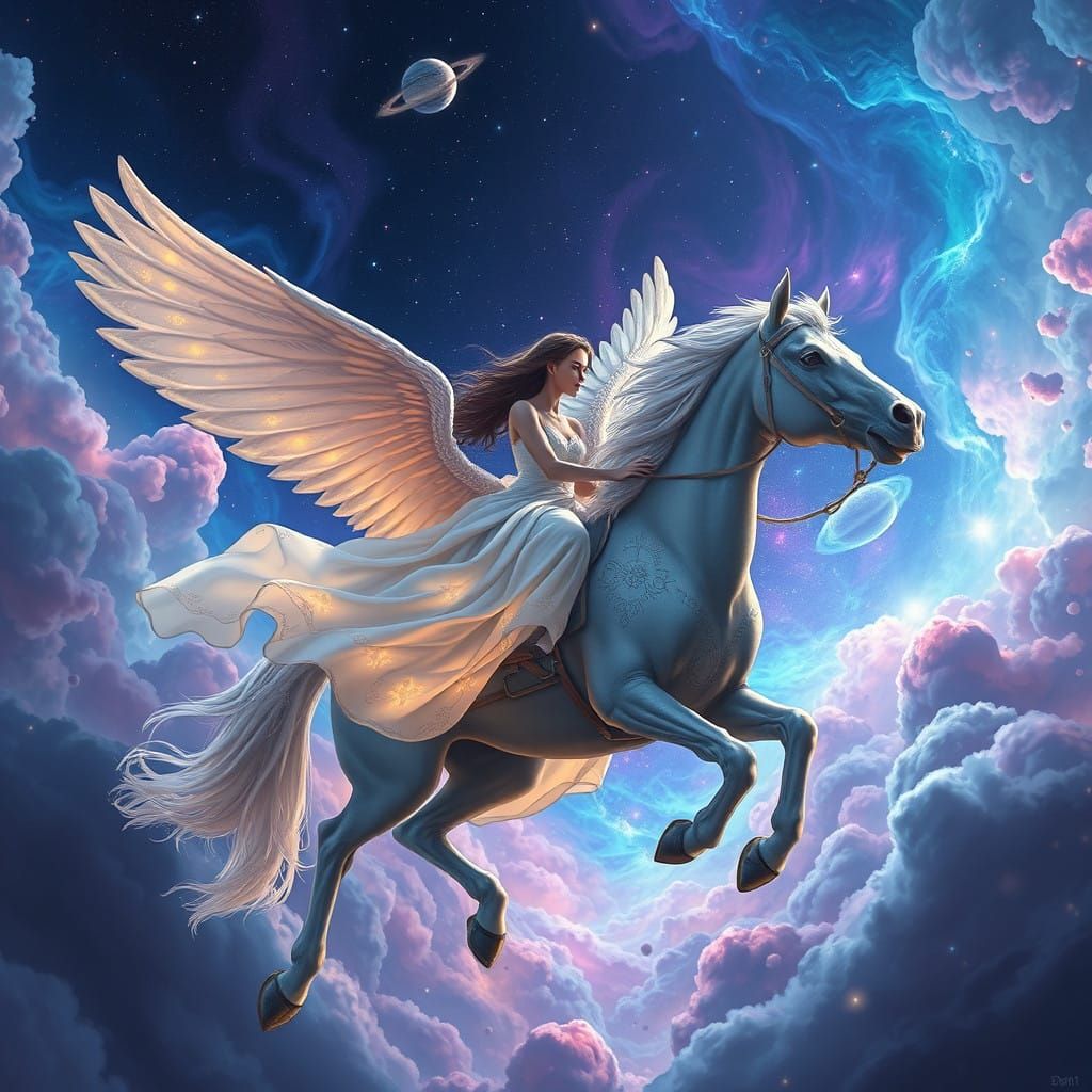 Majestic Woman Rides Glowing Winged Horse Through Cosmic Neb...