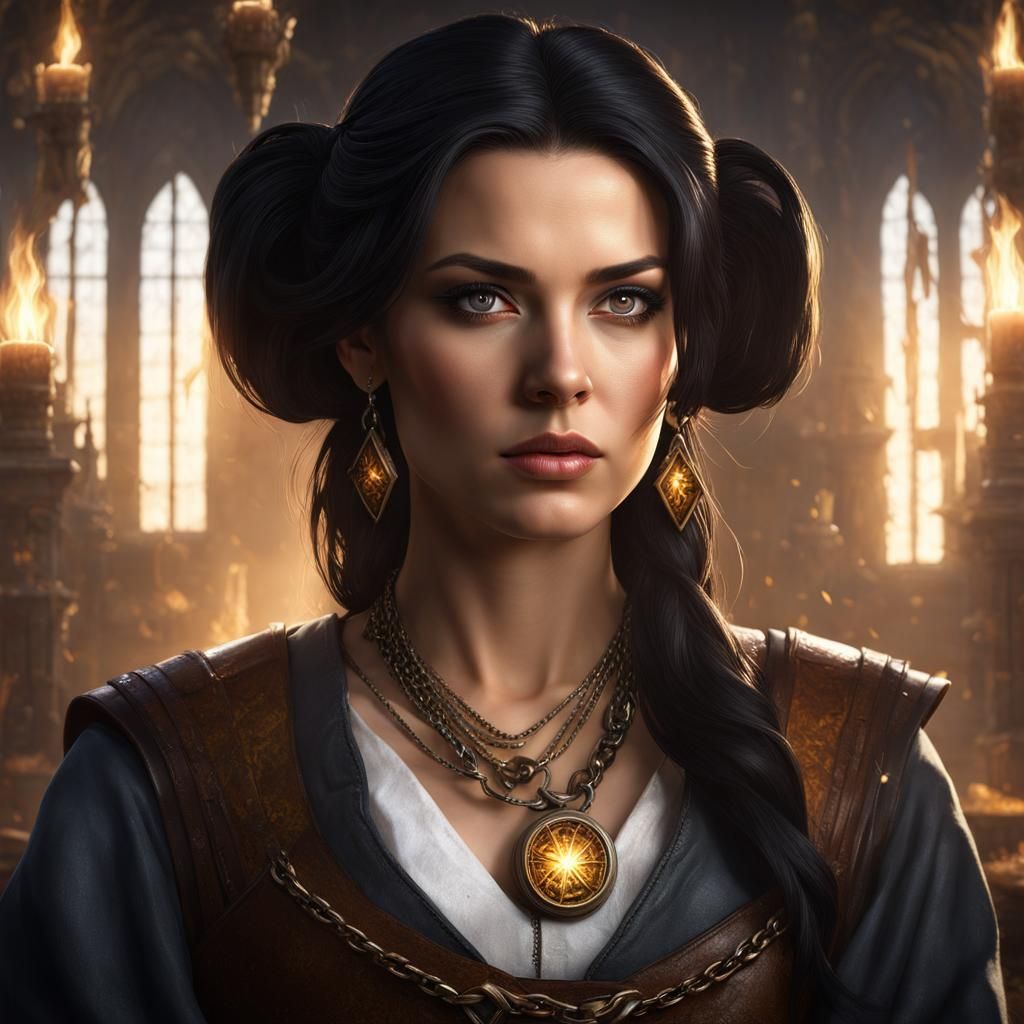 Portrait of a young woman in her 30's. Dark hair. White skin...
