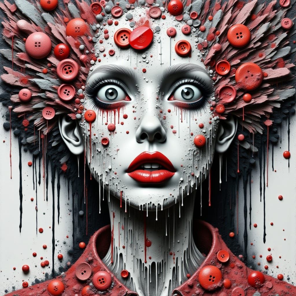 <lora:Kak-2face:1.0> <lora:KakSurrealChaos:1.0> <lora:Mixed Media blending:1.0> <lora:Kak-DrippingPortrait:1.0>A strange illustrated cartoon...