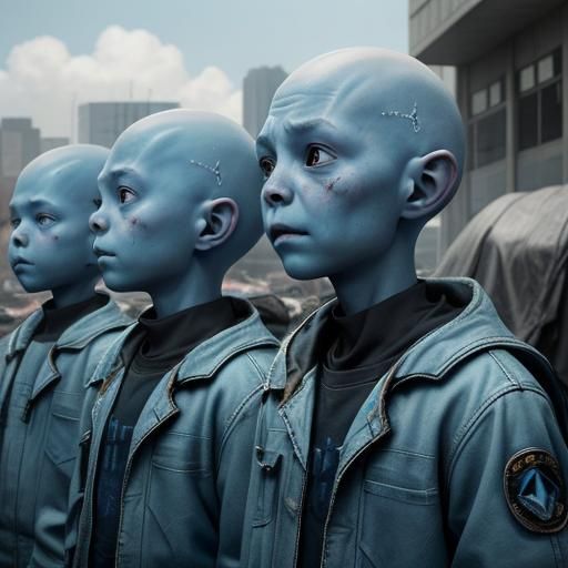 A group of bald sky blue alien children, living on the edges...