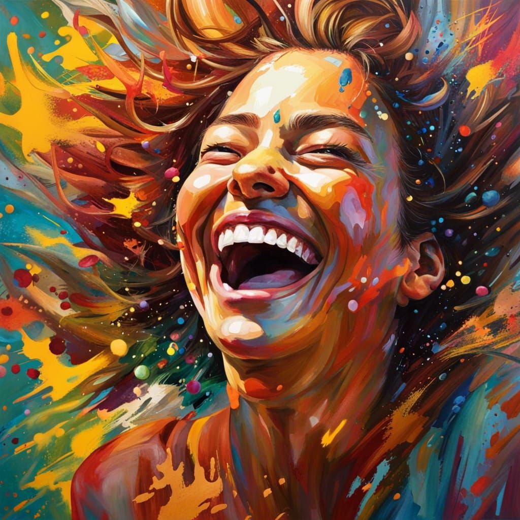 The feeling of joy in art might be depicted through bright and warm colors, dynamic and energetic brushstrokes, ...  by @undefined