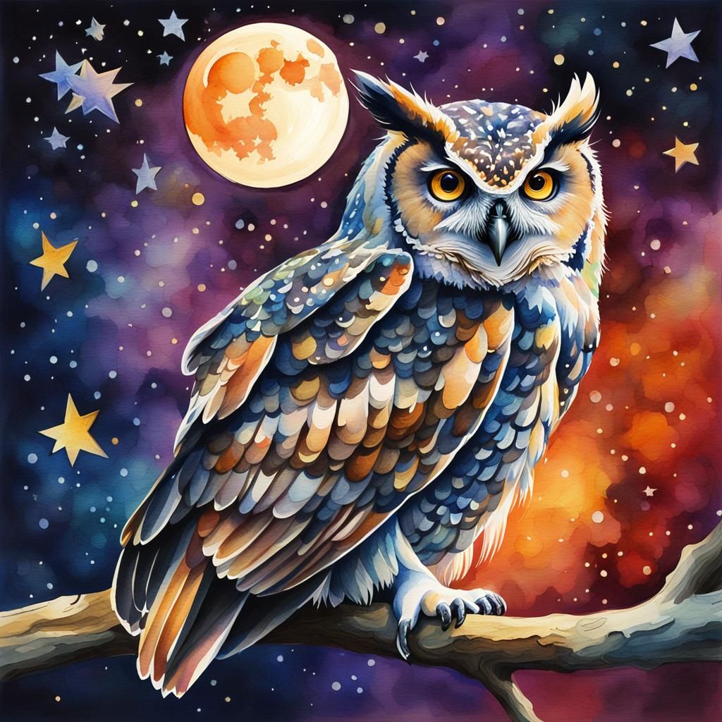 owl on a branch, night, stars, moon, watercolor