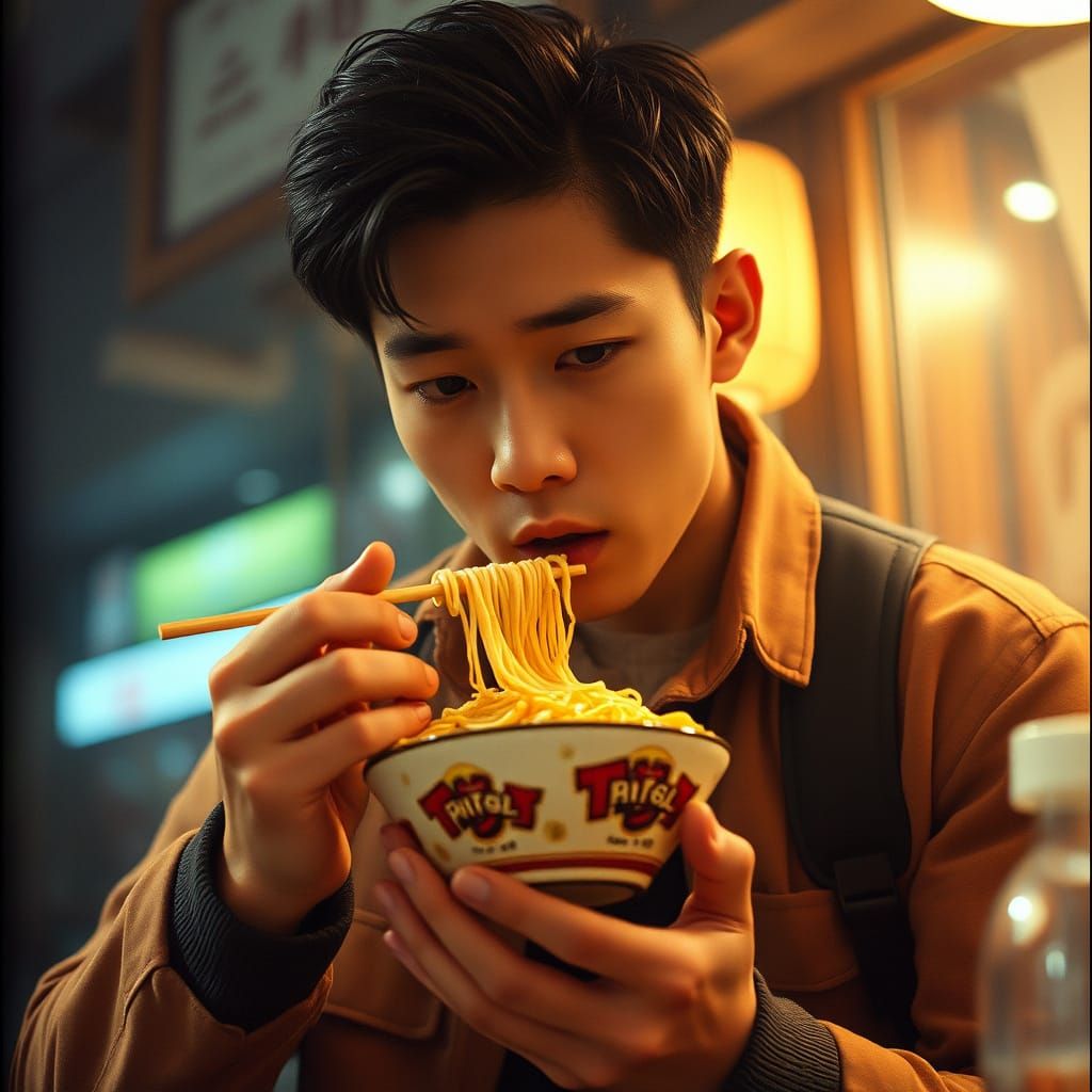 Handsome Man Savoring Noodles in Moody, Atmospheric Setting