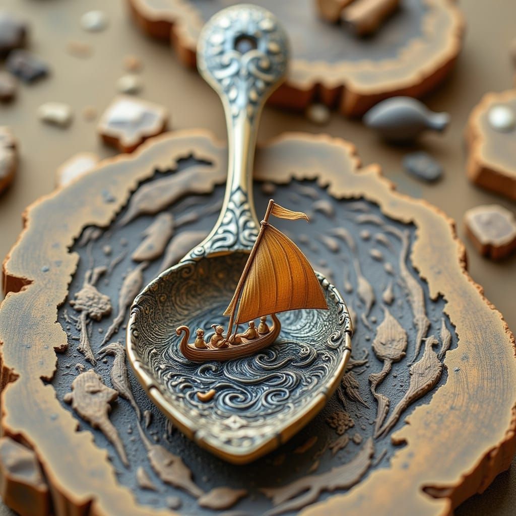 <lora:tavoletta:1.0> close up in ancient carved wooden spoon microcosm tiny viking boat on waves
