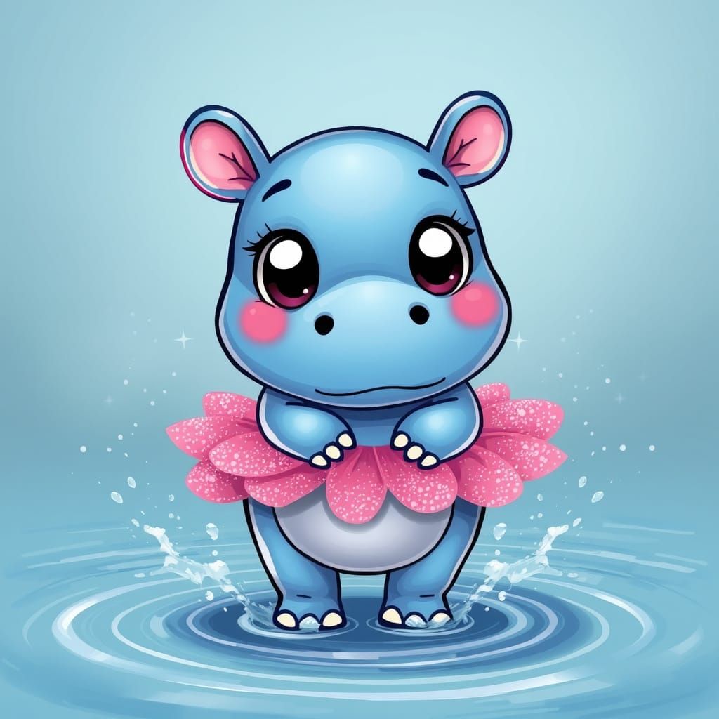 Kawaii art of a  blue hippo,big eyes , in a sparkly pink tutu ,doing a perolet ,background splashed of ...  by @420Icequeen