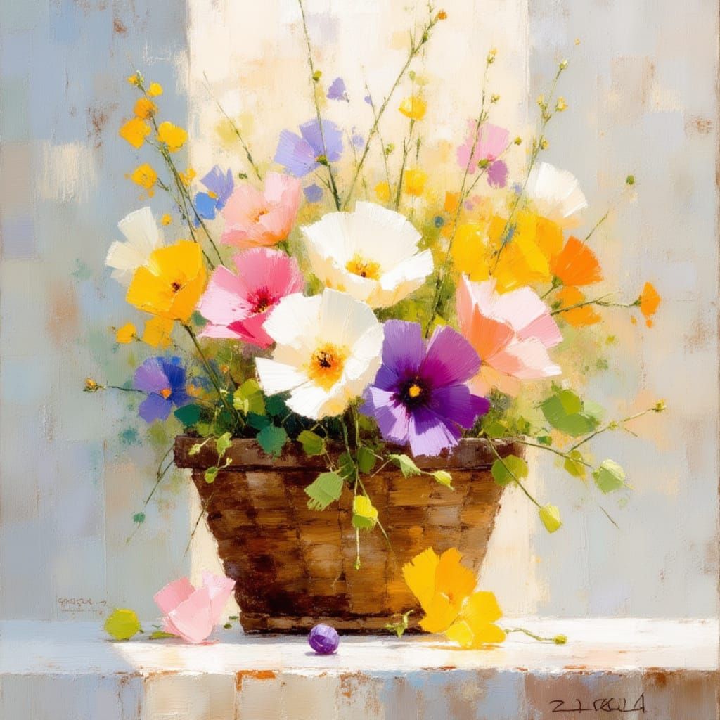 Floral Basket in Impasto Painting Style