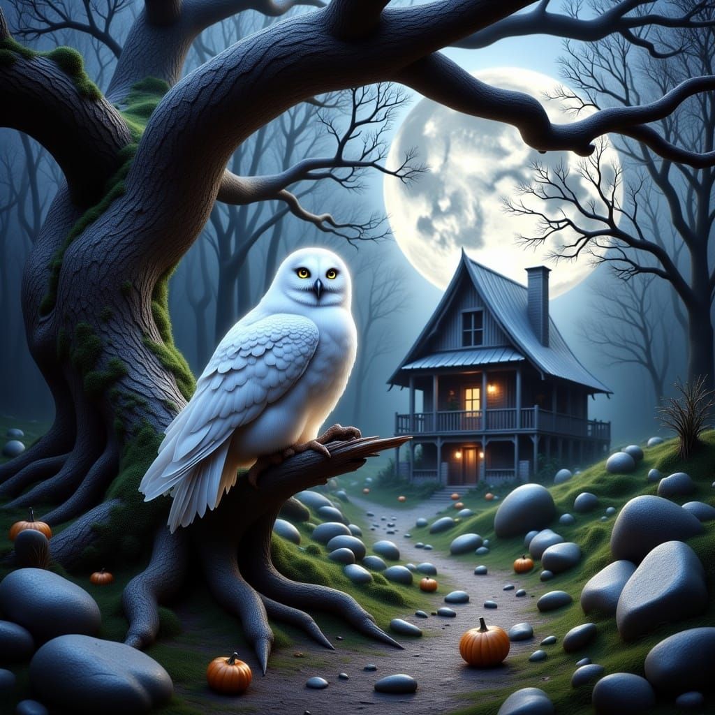 <lora:Winged Creatures:1.0>a whute Owl sitting on a wooden branch from an old oak in an enchanted mystical forest with ancient weathered hau...