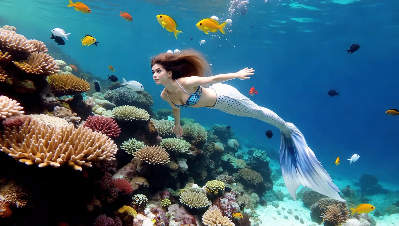 A young mermaid swimming above a tropical reef full of fish.