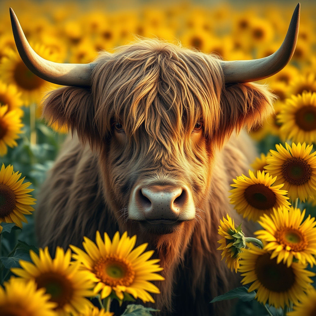 highland cow with sunflowers Epic cinematic brilliant stunning intricate meticulously detailed dramatic ...  by @LANEY HANS