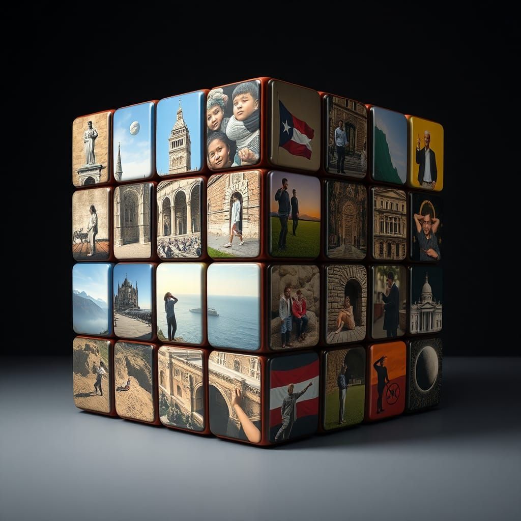 A surreal Rubik's cube that shows different scenes of differ...