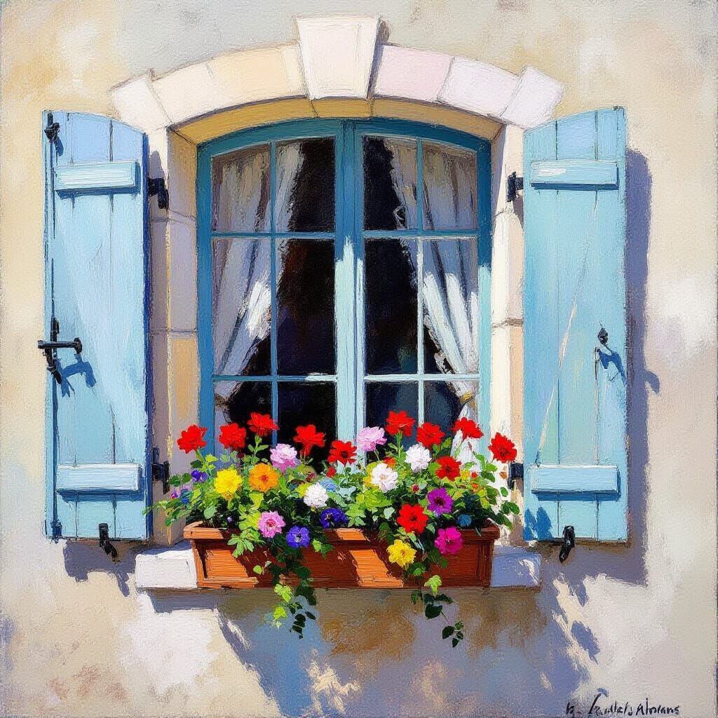 Open Window with Flower Boxes Facing Street