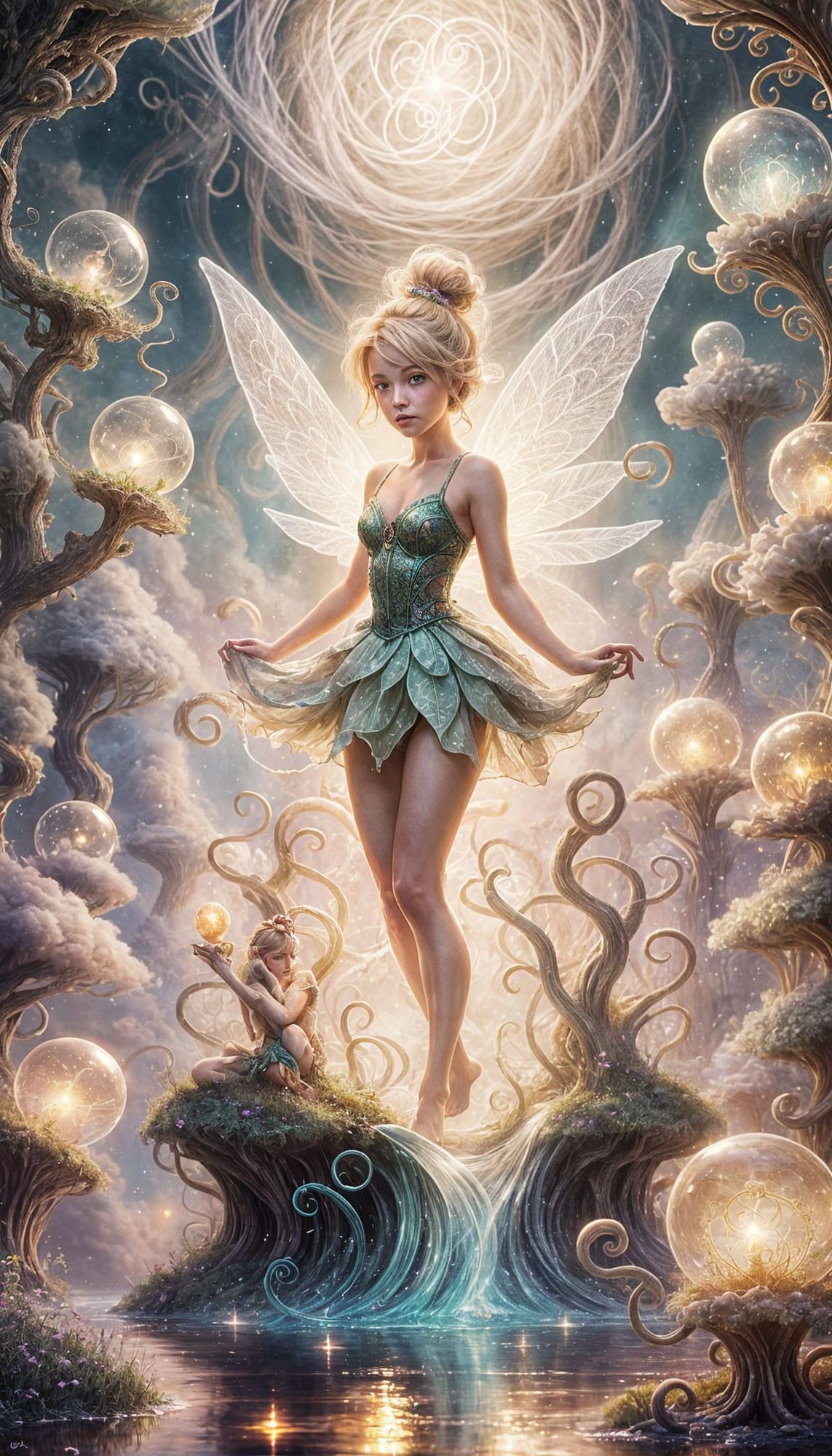 ((((masterpiece))), (((Brilliant))), ((huge orb, inner glow with Tinkerbell, fireflies, and mushrooms inside, orb with pixe dust, radiance f...