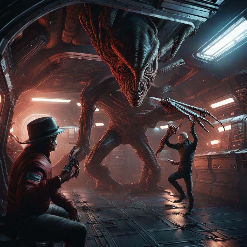 freddy krueger And alien fighting in a space station